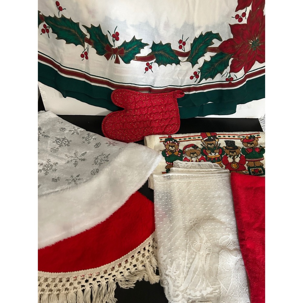 Bulk Lot Christmas Decor Tablecloth Tree Skirt Towels Potholder Lace Vintage Mix